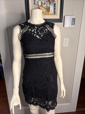 FAVLUX Black Lace Mini Dress with Crochet Details